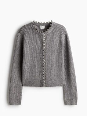 H&M Grey Beaded Knit Cardigan Sweater Medium Elegant Old money style